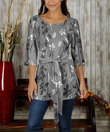 Discount π Bon Apple Tea Gray & White Floral Tie-Waist Scoop Neck Tunic - π© Women π 1 Discount π Bon Apple Tea Gray & White Floral Tie-Waist Scoop Neck Tunic - π© Women π