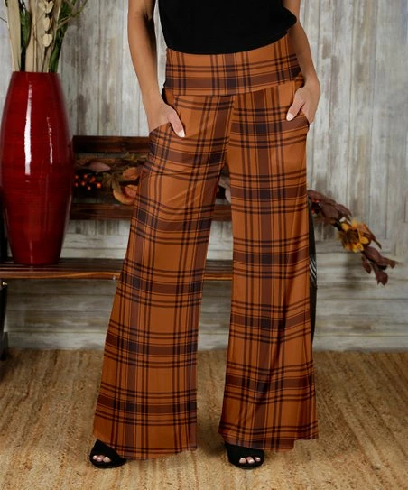 Best Pirce π₯ Bon Apple Tea Orange & Brown Plaid Pocket Wide-Leg Pants - π© Women & Plus π