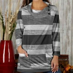 Top 10 🔔 Bon Apple Tea Gray & White Stripe Button Cowl Neck Tunic - 👩 Women & Plus ✔️