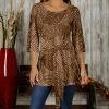 Promo 🔔 Bon Apple Tea Brown & Beige Tropical Leaf Tie-Waist Scoop Neck Tunic - Plus 😉