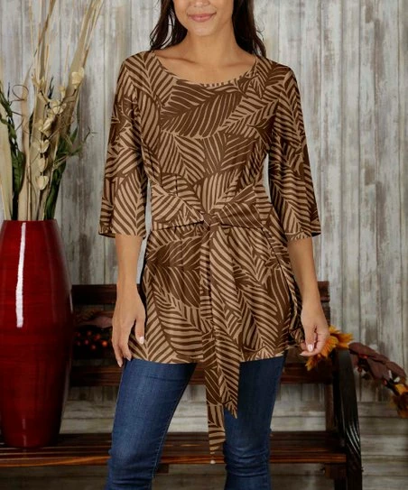 Promo π Bon Apple Tea Brown & Beige Tropical Leaf Tie-Waist Scoop Neck Tunic - Plus π