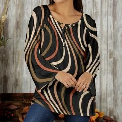 Promo 🎁 Bon Apple Tea Black & Cream Swirls Keyhole-Accent Long-Sleeve Tunic - 👩 Women & Plus 👏