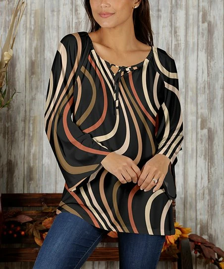 Promo π Bon Apple Tea Black & Cream Swirls Keyhole-Accent Long-Sleeve Tunic - π© Women & Plus π 1 Promo π Bon Apple Tea Black & Cream Swirls Keyhole-Accent Long-Sleeve Tunic - π© Women & Plus π