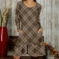 Flash Sale 🎉 Bon Apple Tea Brown & White Plaid Pocket Ruffle-Hem Scoop Neck Long-Sleeve 👗 Dress - 👩 Women ⭐