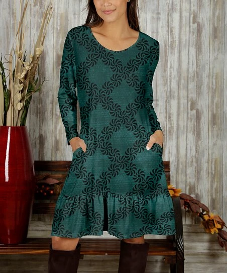 Budget ๐ Bon Apple Tea Teal & Black Geometric Pocket Ruffle-Hem Scoop Neck Long-Sleeve ๐ Dress - ๐ฉ Women ๐