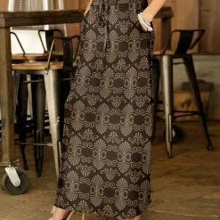 Best Sale 🤩 Bon Apple Tea Brown & Taupe Damask Drawstring Maxi 👗 Skirt - 👩 Women & Plus 😀