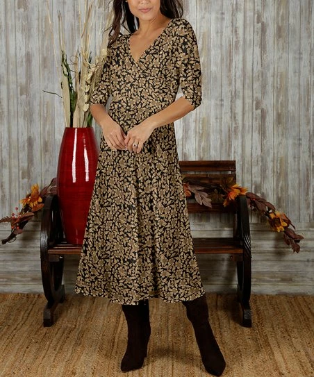Deals π Bon Apple Tea Black & Beige Abstract Foliage Surplice Midi π Dress - Plus π 1 Deals π Bon Apple Tea Black & Beige Abstract Foliage Surplice Midi π Dress - Plus π