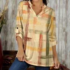 Brand new 👍 Bon Apple Tea Cream & Yellow Abstract Roll-Tab Sleeve Notch Neck Top - 👩 Women & Plus 🥰