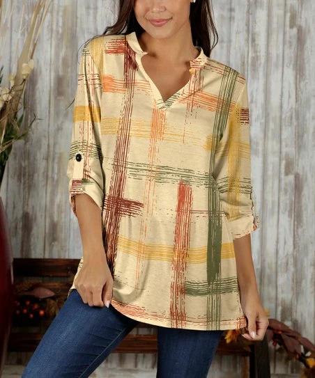 Brand new π Bon Apple Tea Cream & Yellow Abstract Roll-Tab Sleeve Notch Neck Top - π© Women & Plus π₯° 1 Brand new π Bon Apple Tea Cream & Yellow Abstract Roll-Tab Sleeve Notch Neck Top - π© Women & Plus π₯°