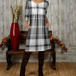 Best Sale 🛒 Bon Apple Tea Gray & White Plaid Pleated Pocket 👗 Dress - 👩 Women & Plus ⭐