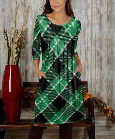 Hot Sale π Bon Apple Tea Green & Black Diamond Pleated Pocket Scoop Neck π Dress - Plus β 1 Hot Sale π Bon Apple Tea Green & Black Diamond Pleated Pocket Scoop Neck π Dress - Plus β
