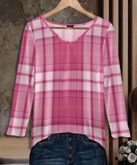 Deals π Bon Apple Tea Pink & White Plaid V-Neck Tunic - Plus π 1 Deals π Bon Apple Tea Pink & White Plaid V-Neck Tunic - Plus π