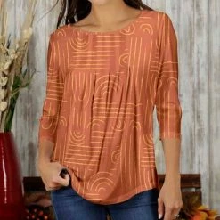 Buy 😍 Bon Apple Tea Orange & Yellow Geometric Pleated Three-Quarter Sleeve Top - Plus ❤️