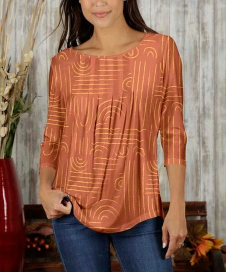 Buy π Bon Apple Tea Orange & Yellow Geometric Pleated Three-Quarter Sleeve Top - Plus β€οΈ 1 Buy π Bon Apple Tea Orange & Yellow Geometric Pleated Three-Quarter Sleeve Top - Plus β€οΈ