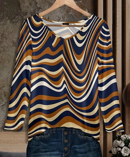 Outlet π Bon Apple Tea Blue & Rust Wave Long-Sleeve V-Neck Tunic - Plus 𧨠1 Outlet π Bon Apple Tea Blue & Rust Wave Long-Sleeve V-Neck Tunic - Plus π§¨