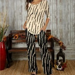 Outlet 🥰 Bon Apple Tea Cream & Black Slash Pleated Scoop Neck Top & Pocket Pants - 👩 Women & Plus 🧨