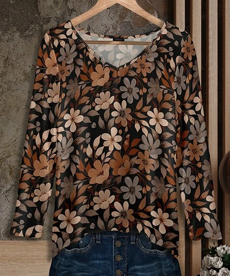 Deals π₯ Bon Apple Tea Black & Brown Floral Long-Sleeve V-Neck Tunic - π© Women & Plus π 1 Deals π₯ Bon Apple Tea Black & Brown Floral Long-Sleeve V-Neck Tunic - π© Women & Plus π