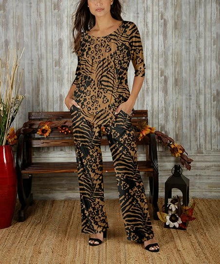 Discount ๐คฉ Bon Apple Tea Brown & Black Abstract Animal-Print Pleated Scoop Neck Top & Pants - ๐ฉ Women & Plus ๐