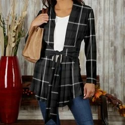 New ⭐ Bon Apple Tea Black & Gray Plaid Tie-Waist Draped Cardigan - 👩 Women 👏