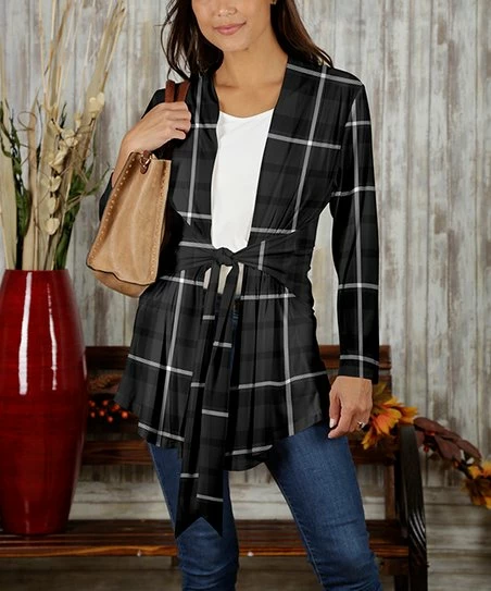 New β Bon Apple Tea Black & Gray Plaid Tie-Waist Draped Cardigan - π© Women π 1 New β Bon Apple Tea Black & Gray Plaid Tie-Waist Draped Cardigan - π© Women π