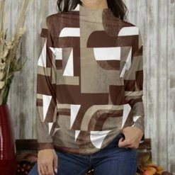 Promo 🔔 Bon Apple Tea Brown & Beige Geometric Long-Sleeve Mock Neck Top - 👩 Women & Plus ✔️