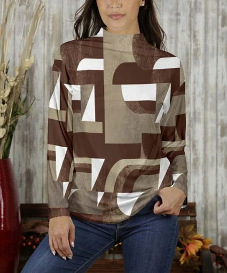 Promo π Bon Apple Tea Brown & Beige Geometric Long-Sleeve Mock Neck Top - π© Women & Plus βοΈ 1 Promo π Bon Apple Tea Brown & Beige Geometric Long-Sleeve Mock Neck Top - π© Women & Plus βοΈ