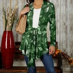 Hot Sale ✔️ Bon Apple Tea Green & White Foliage Tie-Waist Cardigan - 👩 Women 🎉