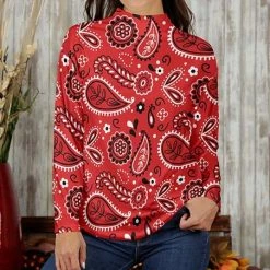 Promo 🧨 Bon Apple Tea Red & Black Paisley Long-Sleeve Mock Neck Top - 👩 Women & Plus 🎁