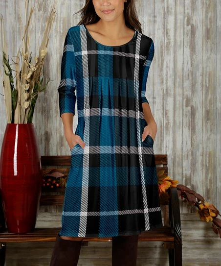 Hot Sale π₯ Bon Apple Tea Blue & Black Plaid Pleated Pocket Scoop Neck π Dress - π© Women 𧨠1 Hot Sale π₯ Bon Apple Tea Blue & Black Plaid Pleated Pocket Scoop Neck π Dress - π© Women π§¨
