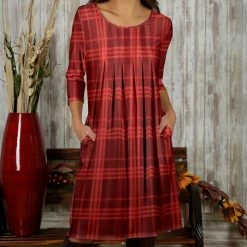 Cheapest 🧨 Bon Apple Tea Burgundy & Red Plaid Pleated Pocket Scoop Neck 👗 Dress - 👩 Women 😍