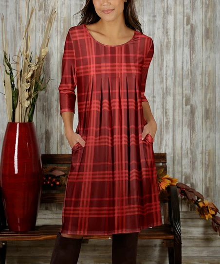 Cheapest 𧨠Bon Apple Tea Burgundy & Red Plaid Pleated Pocket Scoop Neck π Dress - π© Women π 1 Cheapest 𧨠Bon Apple Tea Burgundy & Red Plaid Pleated Pocket Scoop Neck π Dress - π© Women π