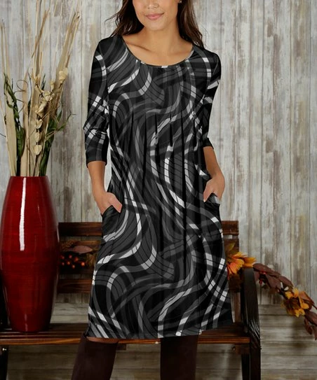 Cheap π Bon Apple Tea Black & Gray Abstract Stripe Pleated Pocket Scoop Neck π Dress - π© Women π 1 Cheap π Bon Apple Tea Black & Gray Abstract Stripe Pleated Pocket Scoop Neck π Dress - π© Women π