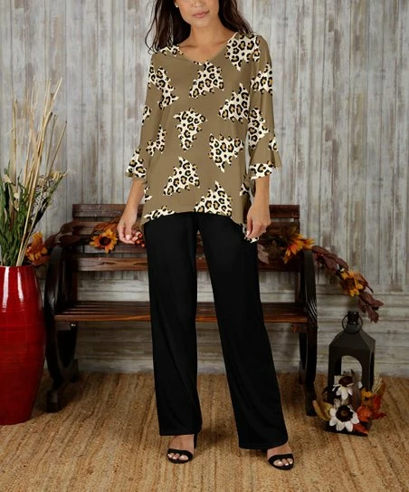 Flash Sale π Bon Apple Tea Beige & Black Leopard V-Neck Tunic & Black Straight-Leg Pants - π© Women & Plus π 1 Flash Sale π Bon Apple Tea Beige & Black Leopard V-Neck Tunic & Black Straight-Leg Pants - π© Women & Plus π