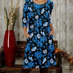 Deals ⭐ Bon Apple Tea Blue & Black Floral Pleated Pocket A-Line 👗 Dress - 👩 Women & Plus ✨