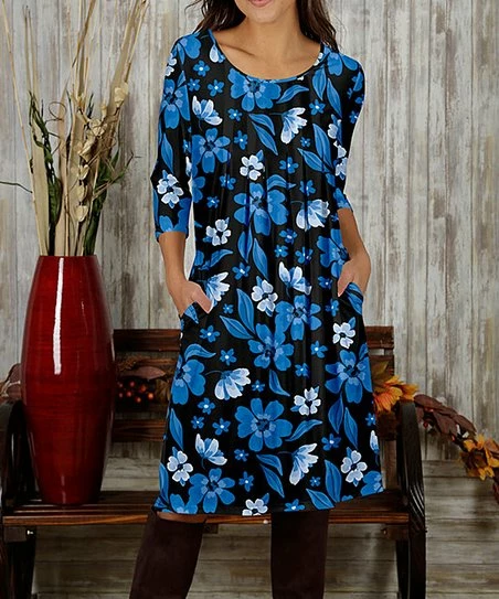 Deals β Bon Apple Tea Blue & Black Floral Pleated Pocket A-Line π Dress - π© Women & Plus β¨ 1 Deals β Bon Apple Tea Blue & Black Floral Pleated Pocket A-Line π Dress - π© Women & Plus β¨