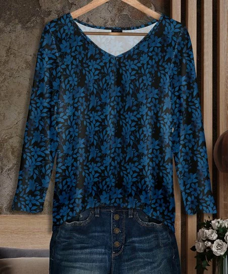 Hot Sale π Bon Apple Tea Blue & Black Floral V-Neck Long-Sleeve Tunic - π© Women & Plus π― 1 Hot Sale π Bon Apple Tea Blue & Black Floral V-Neck Long-Sleeve Tunic - π© Women & Plus π―