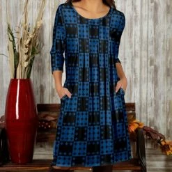 Deals 👏 Bon Apple Tea Blue & Black Geometric Pocket Pleated Shift 👗 Dress - 👩 Women & Plus 🎉