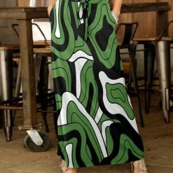 Buy 🔥 Bon Apple Tea Green & Black Abstract Drawstring Pocket Maxi 👗 Skirt - 👩 Women ⌛