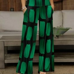 Budget ⭐ Bon Apple Tea Green & Black Abstract Pocket Wide-Leg Pants - 👩 Women & Plus 💯
