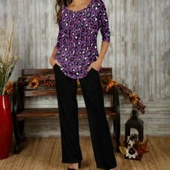 Outlet 👏 Bon Apple Tea Purple Leopard Pin-Tuck Top & Black Pocket Pants - 👩 Women & Plus 🎁