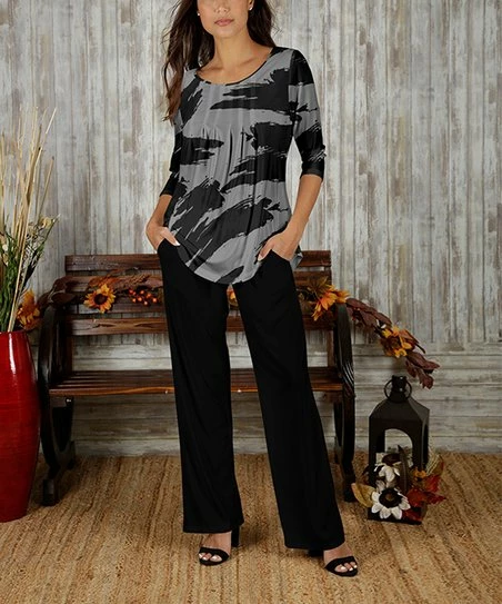 Budget π Bon Apple Tea Gray Brushstroke Pleated Top & Black Straight-Leg Pants - π© Women & Plus π 1 Budget π Bon Apple Tea Gray Brushstroke Pleated Top & Black Straight-Leg Pants - π© Women & Plus π