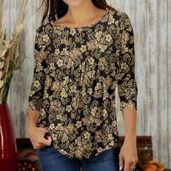 Best reviews of 🛒 Bon Apple Tea Beige & Black Floral Pleated Boatneck Top - 👩 Women & Plus 🎁