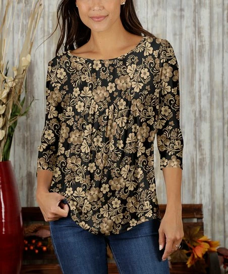 Best reviews of π Bon Apple Tea Beige & Black Floral Pleated Boatneck Top - π© Women & Plus π