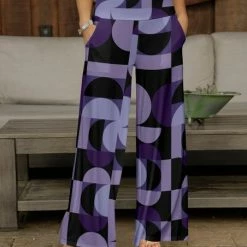New 🔥 Bon Apple Tea Purple & Black Geometric Wide-Leg Pocket Pants - 👩 Women & Plus ✔️