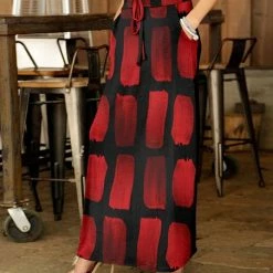 Best Pirce 🌟 Bon Apple Tea Red & Black Paintbrush Pocket Drawstring Maxi 👗 Skirt - 👩 Women & Plus 👍