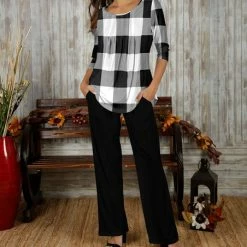 Promo 🔔 Bon Apple Tea White Gingham Pleated Tunic & Black Pocket Straight-Leg Pants - 👩 Women & Plus 🎁