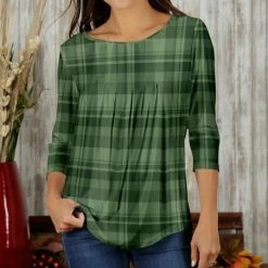 Top 10 ❤️ Bon Apple Tea Green & Olive Plaid Pleated-Front Three-Quarter Sleeve Top - 👩 Women & Plus 💯
