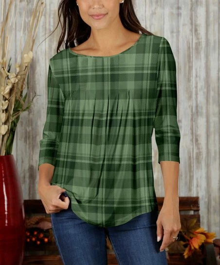 Top 10 β€οΈ Bon Apple Tea Green & Olive Plaid Pleated-Front Three-Quarter Sleeve Top - π© Women & Plus π―