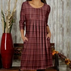Promo 😍 Bon Apple Tea Burgundy & Coral Plaid Pleated Pocket Shift 👗 Dress - 👩 Women & Plus 🥰
