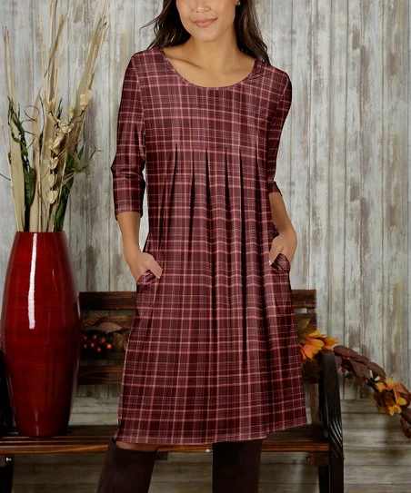 Promo π Bon Apple Tea Burgundy & Coral Plaid Pleated Pocket Shift π Dress - π© Women & Plus π₯°
